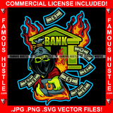 Bank Building On Fire Gangster Money Bag Skull Cartoon Character Bandanna Face Mask Hooded Stealing Cash Bags Tattoo Hip Hop Rap Trap Hustler Famous Hustle Hustling Art Graphic Design Logo T-Shirt Print Printing JPG PNG SVG Vector Cut File