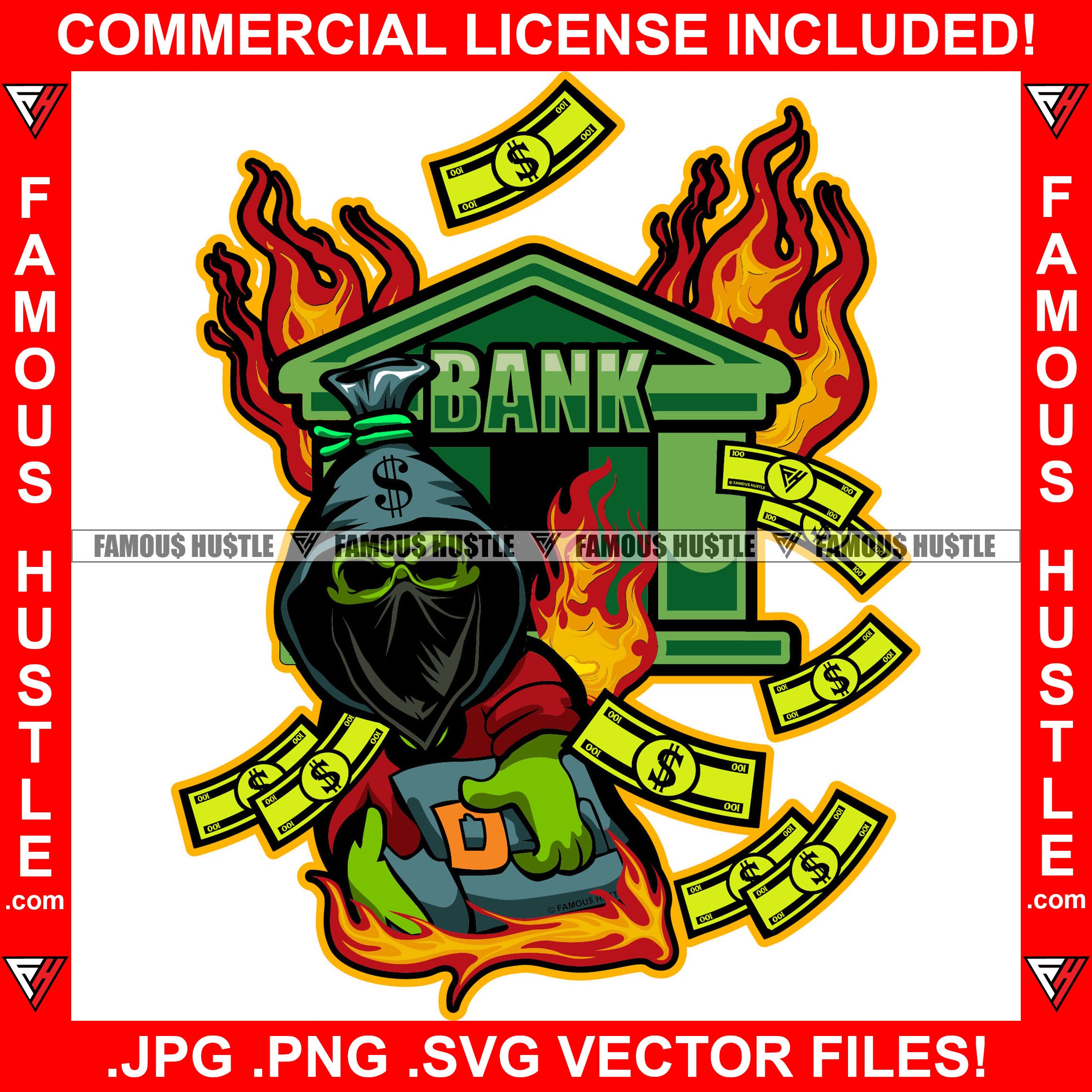 Gangster Money Bag Skull Cartoon Character Bandanna Face Mask Hooded Stealing Cash Bags From Bank On Fire Tattoo Hip Hop Rap Trap Hustler Famous Hustle Hustling Art Graphic Design Logo T-Shirt Print Printing JPG PNG SVG Vector Cut File