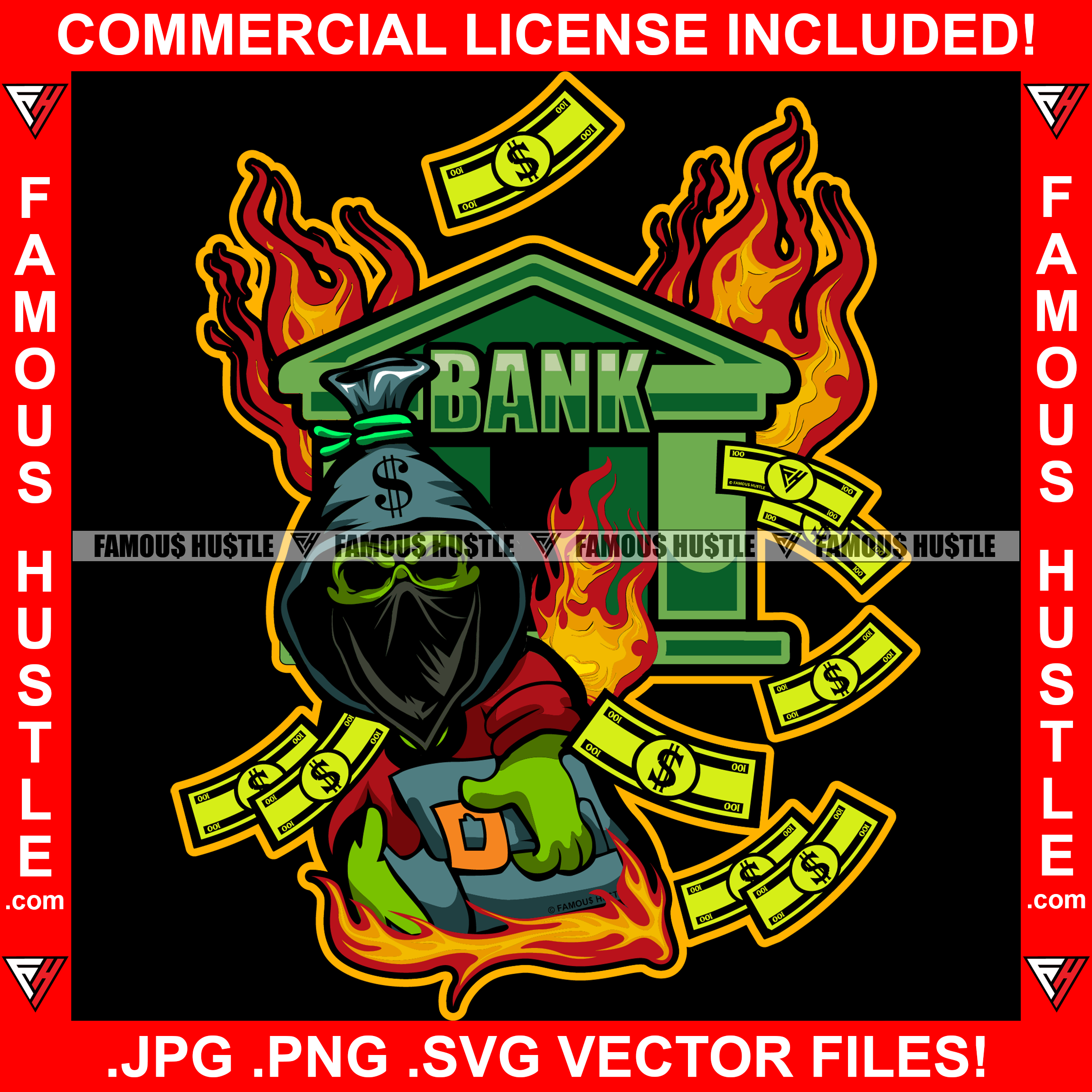 Gangster Money Bag Skull Cartoon Character Bandanna Face Mask Hooded Stealing Cash Bags From Bank On Fire Tattoo Hip Hop Rap Trap Hustler Famous Hustle Hustling Art Graphic Design Logo T-Shirt Print Printing JPG PNG SVG Vector Cut File