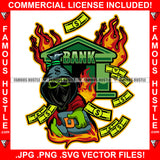 Gangster Money Bag Skull Cartoon Character Bandanna Face Mask Hooded Stealing Cash Bags From Bank On Fire Tattoo Hip Hop Rap Trap Hustler Famous Hustle Hustling Art Graphic Design Logo T-Shirt Print Printing JPG PNG SVG Vector Cut File