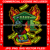 Gangster Money Bag Skull Cartoon Character Bandanna Face Mask Hooded Stealing Cash Bags From Bank On Fire Tattoo Hip Hop Rap Trap Hustler Famous Hustle Hustling Art Graphic Design Logo T-Shirt Print Printing JPG PNG SVG Vector Cut File