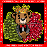 Famous Hustle Dripping Drip Gangster Teddy Bear King Dollar Sign Eyes Crown One Side Cash Money Other Side Hearts Tattoo Hip Hop Rap Hustler Art Graphic Design Logo T-Shirt Print Printing JPG PNG SVG Vector Cut File