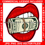 Sexy Red Lips White Teeth Holding Roll Of Cash Money $100 Hip Hop Rap Plug Trap Hustler Rapper Dope Baller Trapper Hustling Flex Dripping Famous Hustle Rich Art Graphic Design Logo T-Shirt Print Printing JPG PNG SVG Vector Cut File