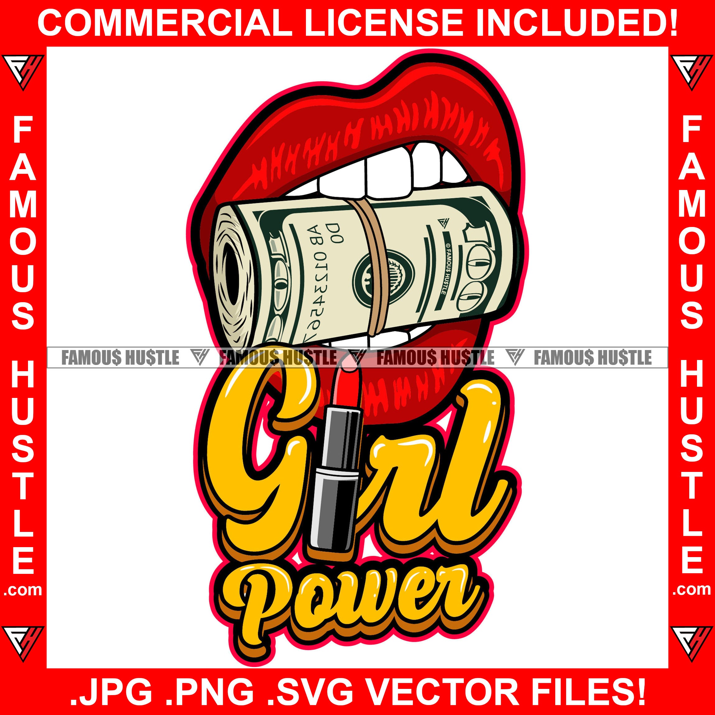 Girl Power Sexy Red Lips White Teeth Holding Roll Of Cash Money $100 Hip Hop Rap Rapper Plug Trap Hustler Quote Dope Baller Trapper Hustling Flex Dripping Famous Hustle Art Graphic Design Logo T-Shirt Print Printing JPG PNG SVG Vector Cut File