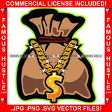 Cash Money Bag Cartoon Character Gangster Gold Dollar Sign Necklace Hip Hop Rap Rapper Plug Trap Street Hood Ghetto Thug Hustler Hustling Flex Drip Dripping Boss Famous Hustle Art Graphic Design Print Printing Vector SVG Cut File