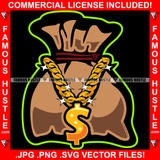 Cash Money Bag Cartoon Character Gangster Gold Dollar Sign Necklace Hip Hop Rap Rapper Plug Trap Street Hood Ghetto Thug Hustler Hustling Flex Drip Dripping Boss Famous Hustle Art Graphic Design Print Printing Vector SVG Cut File