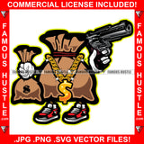 Gangster Cash Money Bag Cartoon Character Gold Dollar Sign Necklace Pistol Gun Sneakers Hip Hop Rap Trap Street Hood Swag Thug Hustler Hustling Famous Hustle Baller Trapper Art Graphic Design Logo T-Shirt Print Printing JPG PNG SVG Vector Cut File