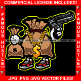 Gangster Cash Money Bag Cartoon Character Gold Dollar Sign Necklace Pistol Gun Sneakers Hip Hop Rap Trap Street Hood Swag Thug Hustler Hustling Famous Hustle Baller Trapper Art Graphic Design Logo T-Shirt Print Printing JPG PNG SVG Vector Cut File