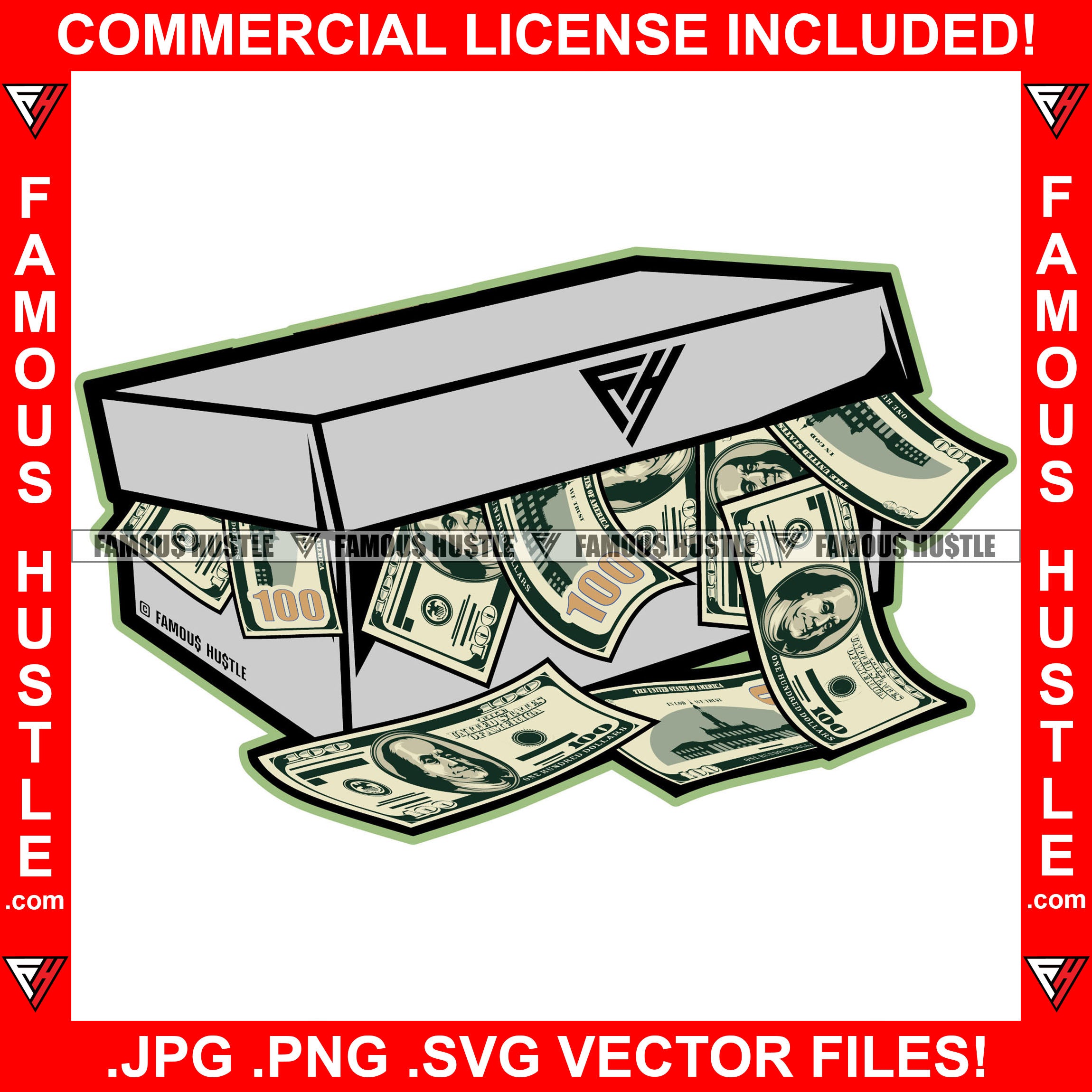Famous Hustle Cash Shoebox Money Shoe Box Falling Out Tattoo Hip Hop Rap Hustler Boss Drip Swag Plug Trap Hood Thug Gang Street Mafia Mob Hustler Hustling Trapper Art Graphic Design Logo T-Shirt Print Printing JPG PNG SVG Vector Cut File