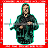 Jesus Statue Machine Gun No Eyes Green Dress Tattoo Hip Hop Rap Hustler Boss Drip Swag Plug Trap Hood Thug Gang Street Mafia Mob Ghetto Cartoon Famous Hustle Art Graphic Design Logo T-Shirt Print Printing JPG PNG SVG Vector Cut File