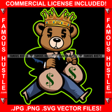 Cash Runner Gangster Teddy Bear King Dollar Sign Eyes Cash Money Bags Hip Hop Rap Plug Trap Street Hood Ghetto Swag Thug Famous Hustle Baller Trapper Art Graphic Design Logo T-Shirt Print Printing JPG PNG SVG Vector Cut File