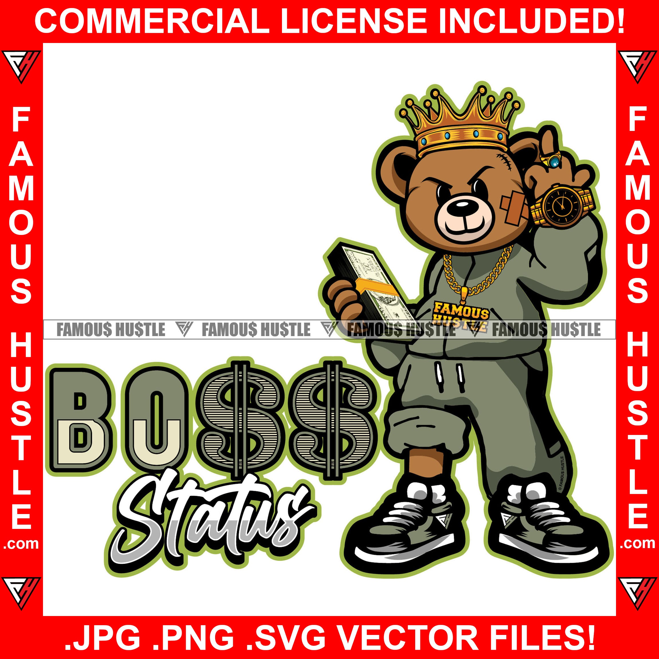 Boss Status Rebel Gangster Teddy Bear King Middle Finger Gold Jewelry Cash Money Stack Tattoo Hip Hop Rap Hustler Drip Plug Trap Hood Thug Gang Street Mafia Mob Famous Hustle Quote Art Graphic Design Logo T-Shirt Print Printing JPG PNG SVG Vector Cut File