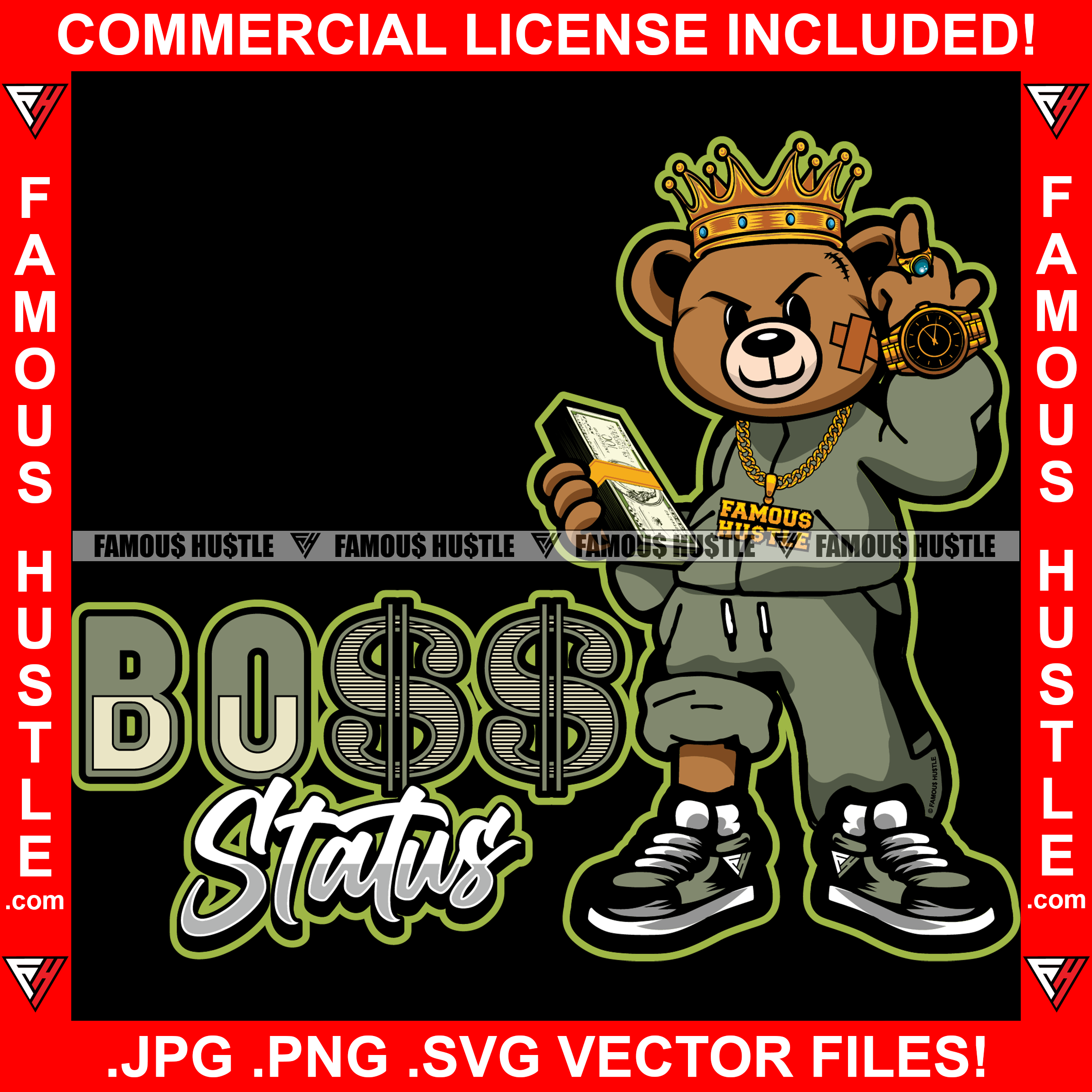 Boss Status Rebel Gangster Teddy Bear King Middle Finger Gold Jewelry Cash Money Stack Tattoo Hip Hop Rap Hustler Drip Plug Trap Hood Thug Gang Street Mafia Mob Famous Hustle Quote Art Graphic Design Logo T-Shirt Print Printing JPG PNG SVG Vector Cut File