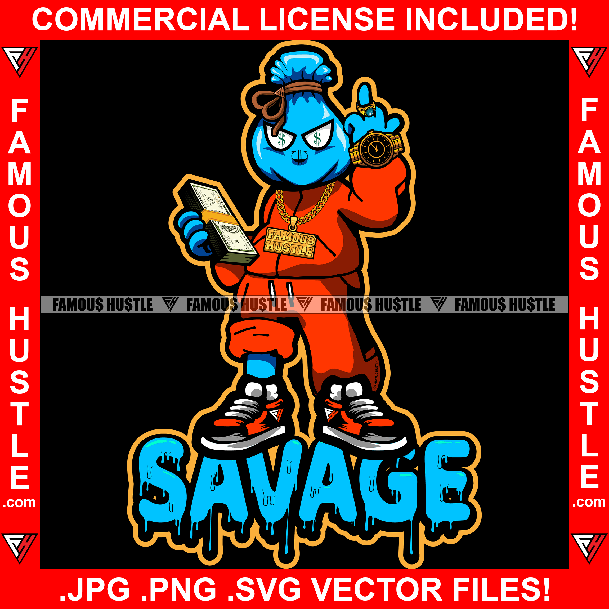 Savage Money Bag Cartoon Character Dollar Sign Eyes Gold Jewelry Necklace Chain Watch Cash Bundle Showing Middle Finger Hustler Boss Drip Swag Trapper Trap Quote Famous Hustle Art Graphic Design Logo T-Shirt Print Printing JPG PNG SVG Vector Cut File