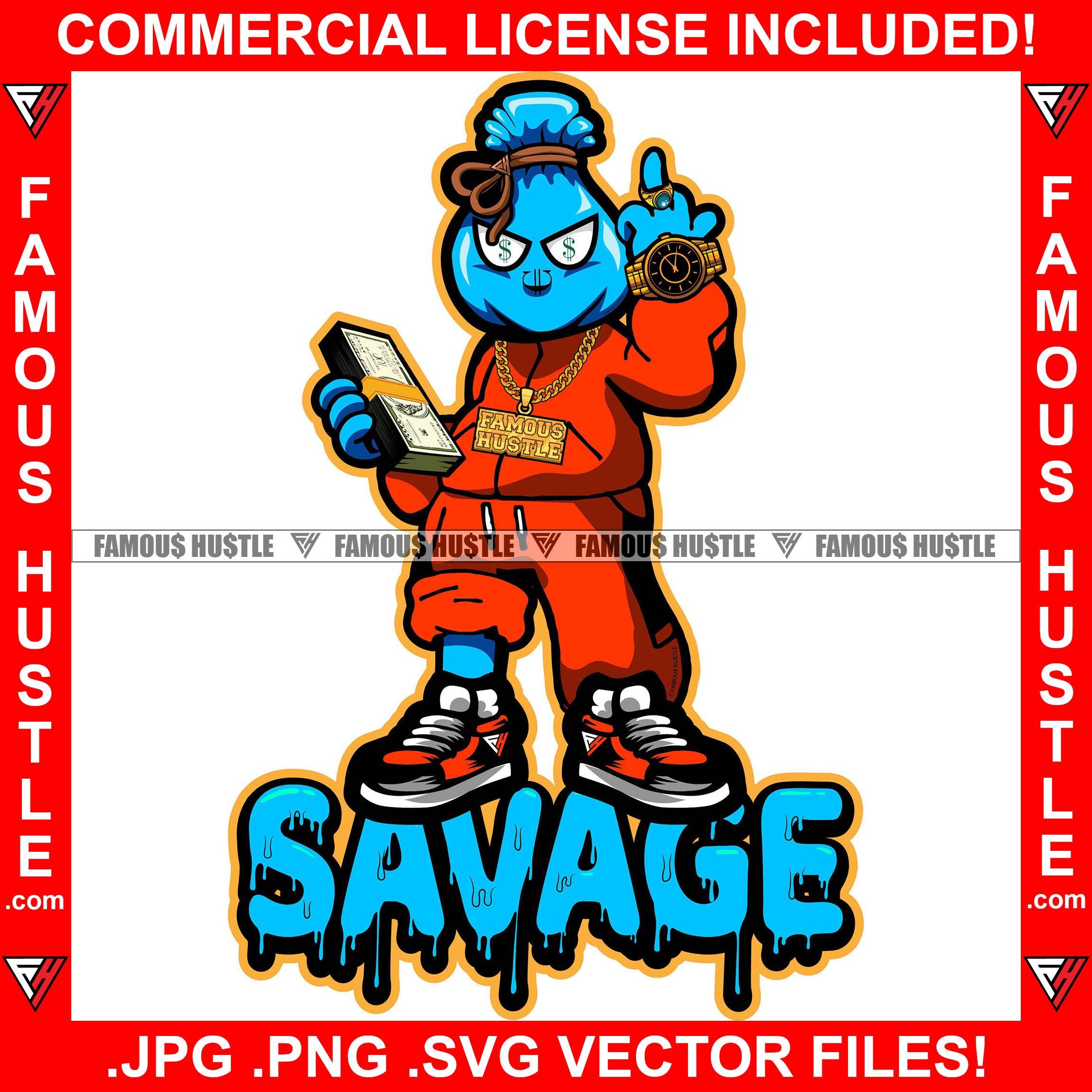 Savage Money Bag Cartoon Character Dollar Sign Eyes Gold Jewelry Necklace Chain Watch Cash Bundle Showing Middle Finger Hustler Boss Drip Swag Trapper Trap Quote Famous Hustle Art Graphic Design Logo T-Shirt Print Printing JPG PNG SVG Vector Cut File