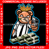 King Gangster Teddy Bear Drug Dealer Smoking Marijuana Pot Cigar Blunt Cigarette White Eyes Cash Money Bundles Pistol Gun Hip Hop Rap Plug Street Hood Famous Hustle Art Graphic Design Logo T-Shirt Print Printing JPG PNG SVG Vector Cut File