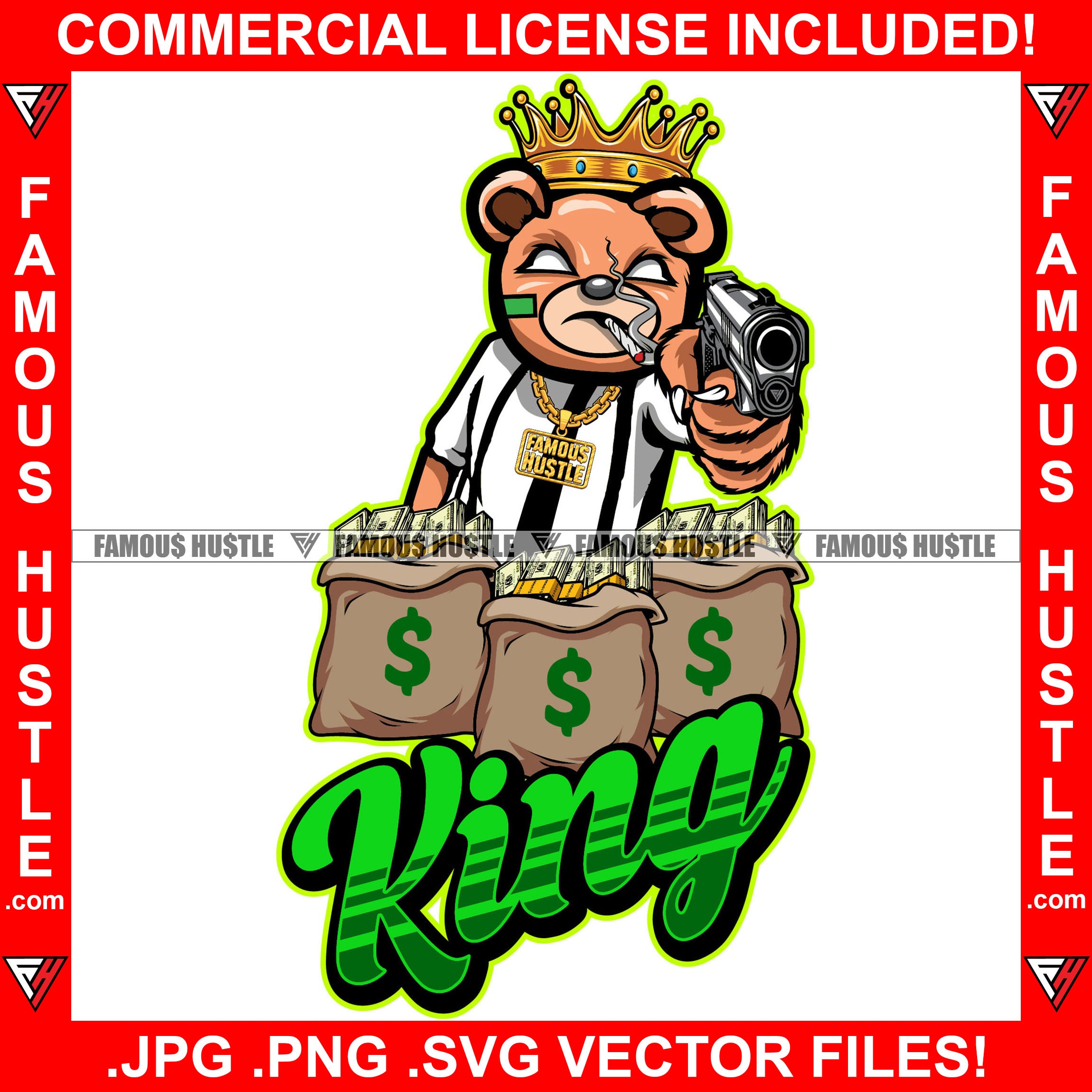 King Crazy Scar Face Gangster Angry Smoking Teddy Bear Dripping Gold Necklace Machine Gun Cash Money Bags Plug Street Business Famous Hustle Hip Hop Rap Rapper Plug Trap Art Graphic Design Logo T-Shirt Print Printing JPG PNG SVG Vector Cut File