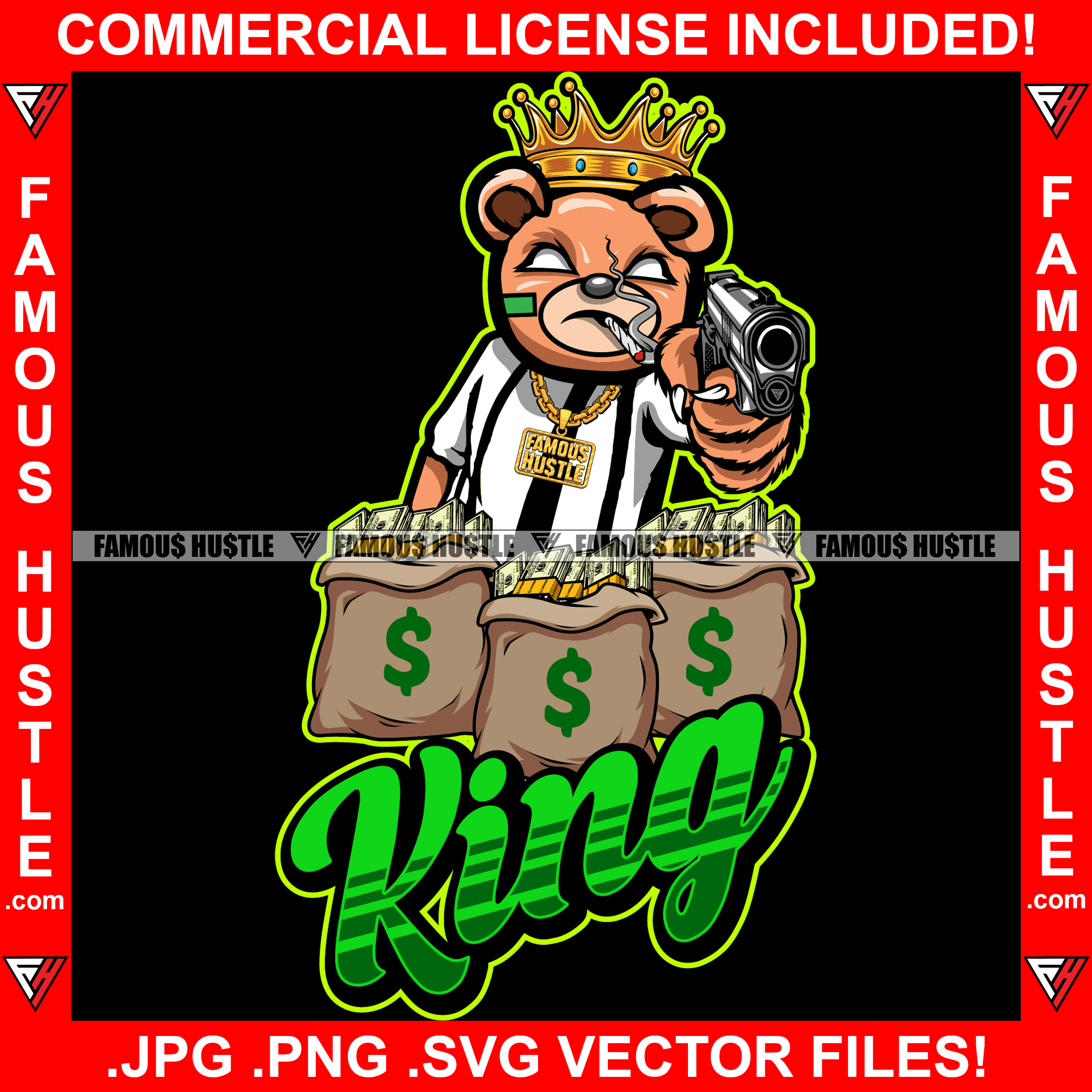 King Crazy Scar Face Gangster Angry Smoking Teddy Bear Dripping Gold Necklace Machine Gun Cash Money Bags Plug Street Business Famous Hustle Hip Hop Rap Rapper Plug Trap Art Graphic Design Logo T-Shirt Print Printing JPG PNG SVG Vector Cut File