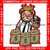 King Gangster Teddy Bear Drug Dealer Smoking Marijuana Pot Cigar Blunt Cigarette White Eyes Cash Money Bags Pistol Gun Hip Hop Rap Plug Street Hood Famous Hustle Art Graphic Design Logo T-Shirt Print Printing JPG PNG SVG Vector Cut File
