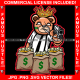 King Gangster Teddy Bear Drug Dealer Smoking Marijuana Pot Cigar Blunt Cigarette White Eyes Cash Money Bags Pistol Gun Hip Hop Rap Plug Street Hood Famous Hustle Art Graphic Design Logo T-Shirt Print Printing JPG PNG SVG Vector Cut File