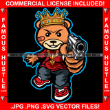 King Gangster Teddy Bear Mean Face Gold Necklace Pistol Gun Sneakers Hip Hop Rap Rapper Plug Trap Street Hood Ghetto Swag Thug Hustler Hustling Famous Hustle Baller Trapper Art Graphic Design Logo T-Shirt Print Printing JPG PNG SVG Vector Cut File