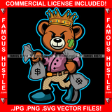 Cash Only King Gangster King Teddy Bear Scar Face Money Bags Both Hands Hip Hop Rap Plug Trap Street Hood Ghetto Swag Thug Hustler Hustling Famous Hustle Baller Trapper Art Graphic Design Logo T-Shirt Print Printing JPG PNG SVG Vector Cut File