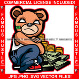 The Hustle Dont Sleep Gangster Teddy Bear Scar Face White Eyes Mean Face Cash Money Gold Coins Hip Hop Rap Plug Hustling Trap Trapper Art Graphic Design Logo T-Shirt Print Printing JPG PNG SVG Vector Cut File