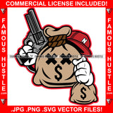 Savage Bag Cash Bag Cross Eyes Dollar Sign Cap Cash Money Bags Pistol Gun Hip Hop Rap Plug Trap Ghetto Swag Thug Hustler Hustling Famous Hustle Baller Trapper Art Graphic Design Logo T-Shirt Print Printing JPG PNG SVG Vector Cut File