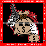 Savage Bag Cash Bag Cross Eyes Dollar Sign Cap Cash Money Bags Pistol Gun Hip Hop Rap Plug Trap Ghetto Swag Thug Hustler Hustling Famous Hustle Baller Trapper Art Graphic Design Logo T-Shirt Print Printing JPG PNG SVG Vector Cut File