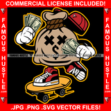 Bag Cash Money Bag Cross Eyes Dollar Sign Skating Cap Cash Money Sneakers  Hip Hop Rap Rapper Plug Trap Street Hood Ghetto Swag Thug Hustler Hustling Famous Hustle Baller Trapper Art Graphic Design Logo T-Shirt Print Printing JPG PNG SVG Vector Cut File