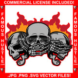 Savage Hear See Speak Fire Evil Three Skull Smoke Covering Ears Eyes Mouth Gangster Tattoo Hip Hop Rap Plug Trap Street Ghetto Thug Hustler Drip Dripping Famous Hustle Badass Art Graphic Design Print Printing Vector SVG Cut File