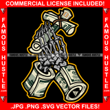 Famous Hustle 100 Dollar Bill Money Roll Skeleton Bone Hands Holding Crist Crucifix Made Of Cash Rolls Tattoo Hip Hop Rap Hustler Boss Drip Swag Heartless Art Graphic Design Logo T-Shirt Print Printing JPG PNG SVG Vector Cut File
