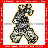 Famous Hustle 100 Dollar Bill Money Roll Skeleton Bone Hands Holding Crist Crucifix Made Of Cash Rolls Tattoo Hip Hop Rap Hustler Boss Drip Swag Heartless Art Graphic Design Logo T-Shirt Print Printing JPG PNG SVG Vector Cut File
