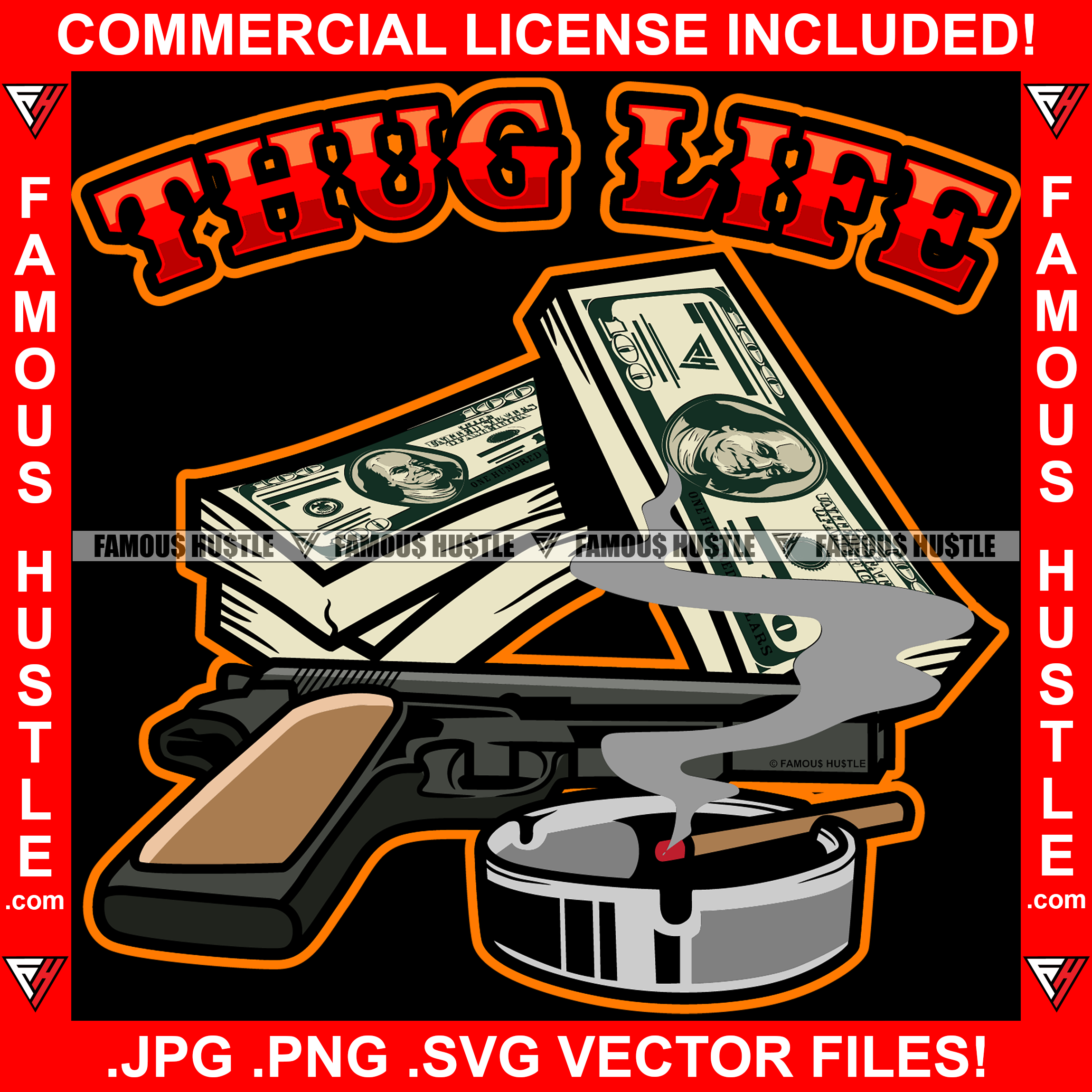 Thug Life Cigar Smoke Ash Try Cash Bundles Pistol Gun Hip Hop Rap Rapp ...