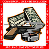 Cash Money Bundles Pistol Gun Ash Tray Cigar Smoke Hip Hop Rap Rapper Plug Trap Street Hood Ghetto Swag Thug Hustler Hustling Famous Hustle Baller Trapper Art Graphic Design Logo T-Shirt Print Printing JPG PNG SVG Vector Cut File