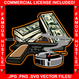 Cash Money Bundles Pistol Gun Ash Tray Cigar Smoke Hip Hop Rap Rapper Plug Trap Street Hood Ghetto Swag Thug Hustler Hustling Famous Hustle Baller Trapper Art Graphic Design Logo T-Shirt Print Printing JPG PNG SVG Vector Cut File