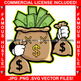 Get Money Cash Bag Cartoon Character Cross Eyes Dollar Sign Cap Cash Money Bags Hands Hip Hop Rap Rapper Plug Trap Street Hood Ghetto Swag Thug Hustler Hustling Famous Hustle Art Graphic Design Logo T-Shirt Print Printing JPG PNG SVG Vector Cut File