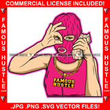 Sexy Gangster Lady Holding Money Stack Phone Pink Ski Mask Gold Necklace Hip Hop Rap Rapper Plug Trap Street Hood Ghetto Swag Thug Hustler Hustling Famous Hustle Baller Trapper Art Graphic Design Logo T-Shirt Print Printing JPG PNG SVG Vector Cut File