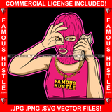 Sexy Gangster Lady Holding Money Stack Phone Pink Ski Mask Gold Necklace Hip Hop Rap Rapper Plug Trap Street Hood Ghetto Swag Thug Hustler Hustling Famous Hustle Baller Trapper Art Graphic Design Logo T-Shirt Print Printing JPG PNG SVG Vector Cut File