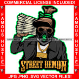 Street Demon Famous Hustle Gangster Money Bag Skull Cartoon Character Ski Mask Face Bandanna Huge Stack Of Cash To Head Hip Hop Rap Plug Trap Hood Ghetto Swag Thug Hustling Quote Art Graphic Design Logo T-Shirt Print Printing JPG PNG SVG Vector Cut File