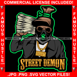 Street Demon Famous Hustle Gangster Money Bag Skull Cartoon Character Ski Mask Face Bandanna Huge Stack Of Cash To Head Hip Hop Rap Plug Trap Hood Ghetto Swag Thug Hustling Quote Art Graphic Design Logo T-Shirt Print Printing JPG PNG SVG Vector Cut File