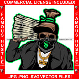 Famous Hustle Gangster Money Bag Skull Cartoon Character Ski Mask Face Bandanna Huge Stack Of Cash To Head Hip Hop Rap Plug Trap Street Hood Ghetto Swag Thug Hustling Boss Rich Art Graphic Design Logo T-Shirt Print Printing JPG PNG SVG Vector Cut File