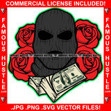 Savage Black Gangster Man Ski Mask Cash Money 100 Bill Bundles Red Roses Hip Hop Rap Plug Trap Street Hood Ghetto Swag Thug Hustler Hustling Famous Hustle Baller Trapper Art Graphic Design Logo T-Shirt Print Printing JPG PNG SVG Vector Cut File