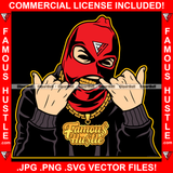 Famous Hustle Red Ski Mask Showing Gold Teeth Grill Mean Mug Flexing Jewelry Dripping Burglar Robber Face Hip Hop Rap Rapper Hustler Hustling Gang Member Balling Art Graphic Design Logo T-Shirt Print Printing JPG PNG SVG Vector Cut File