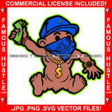 Paid In Full Gangster Baby Black Boy Blue Bandanna Face Cover Mask Cap No Diaper Gold Dollar Sign Necklace Jewelry Cash Money Hip Hop Rap Plug Trap Street Famous Hustle Art Graphic Design Logo T-Shirt Print Printing JPG PNG SVG Vector Cut File
