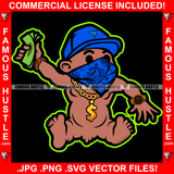 Paid In Full Gangster Baby Black Boy Blue Bandanna Face Cover Mask Cap No Diaper Gold Dollar Sign Necklace Jewelry Cash Money Hip Hop Rap Plug Trap Street Famous Hustle Art Graphic Design Logo T-Shirt Print Printing JPG PNG SVG Vector Cut File