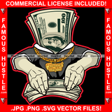 Famous Hustle $100 Bill Money Cartoon Character Grabbing Cash Business Suit Gold Jewelry Hip Hop Rap Plug Trap Hustler Hustling Stepper Sauce Dope Mafia Mob Slime Street Gang Art Graphic Design Logo T-Shirt Print Printing JPG PNG SVG Vector Cut File