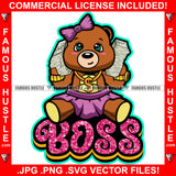 Boss Famous Hustle Adorable Cute Female Gangster Pink Teddy Bear Girl Cell Phone Cash Money Stacks Gold Chain Necklace Pink Bow Trap Street Hustler Hustling Drip Rich Adorable Quote Art Graphic Design Logo Print Printing Vector SVG Cut File