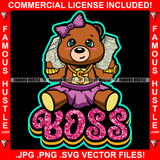 Boss Famous Hustle Adorable Cute Female Gangster Pink Teddy Bear Girl Cell Phone Cash Money Stacks Gold Chain Necklace Pink Bow Trap Street Hustler Hustling Drip Rich Adorable Quote Art Graphic Design Logo Print Printing Vector SVG Cut File