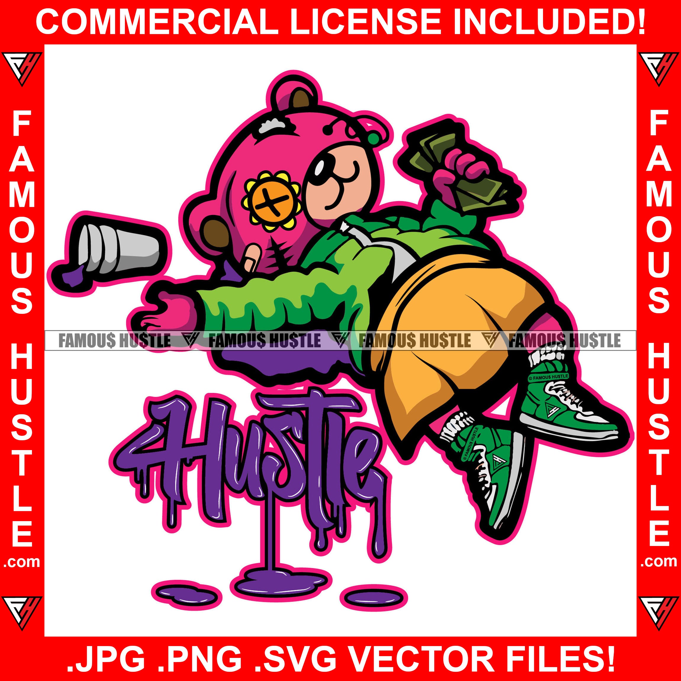 Hustle Drunk Passed Out Female Teddy Bear Button Eye Passed Out Girl Drinking Purple Drink Lean Cup Cash Money Stack Woman Tattoo Hip Hop Rap Hustler Trap Hood Thug Street Quote Art Graphic Design Logo T-Shirt Print Printing JPG PNG SVG Vector Cut File